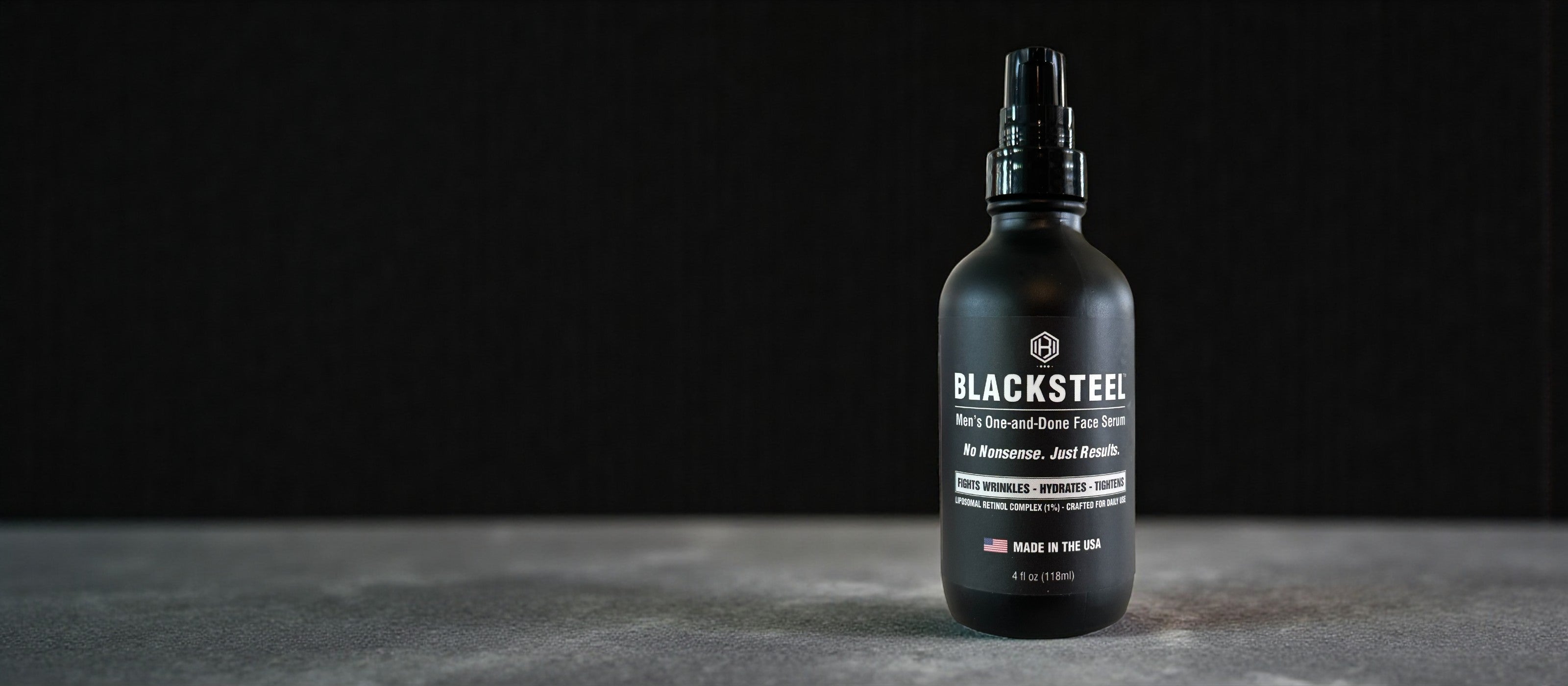 Blacksteel men's anti-aging serum with retinol and hyaluronic acid on a bathrrom counter