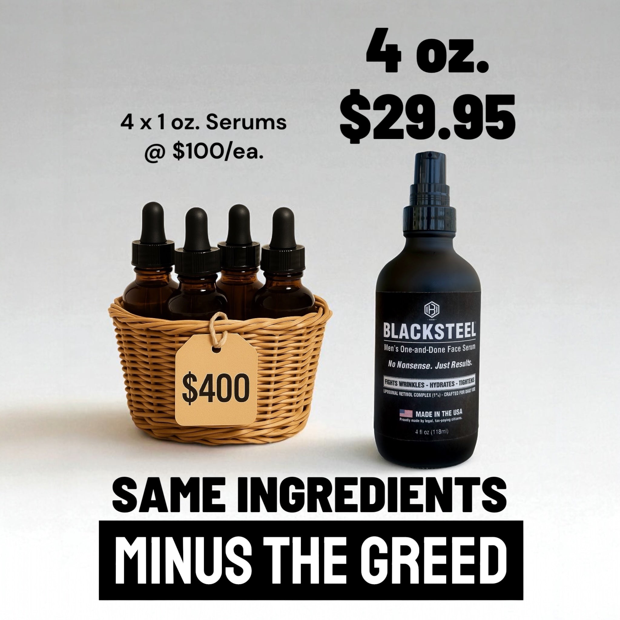 Comparison of four $100 serums in a basket labeled $400 next to BLACKSTEEL 4 oz. face serum priced at $29.95, with headline "Same Ingredients, Minus the Greed".
