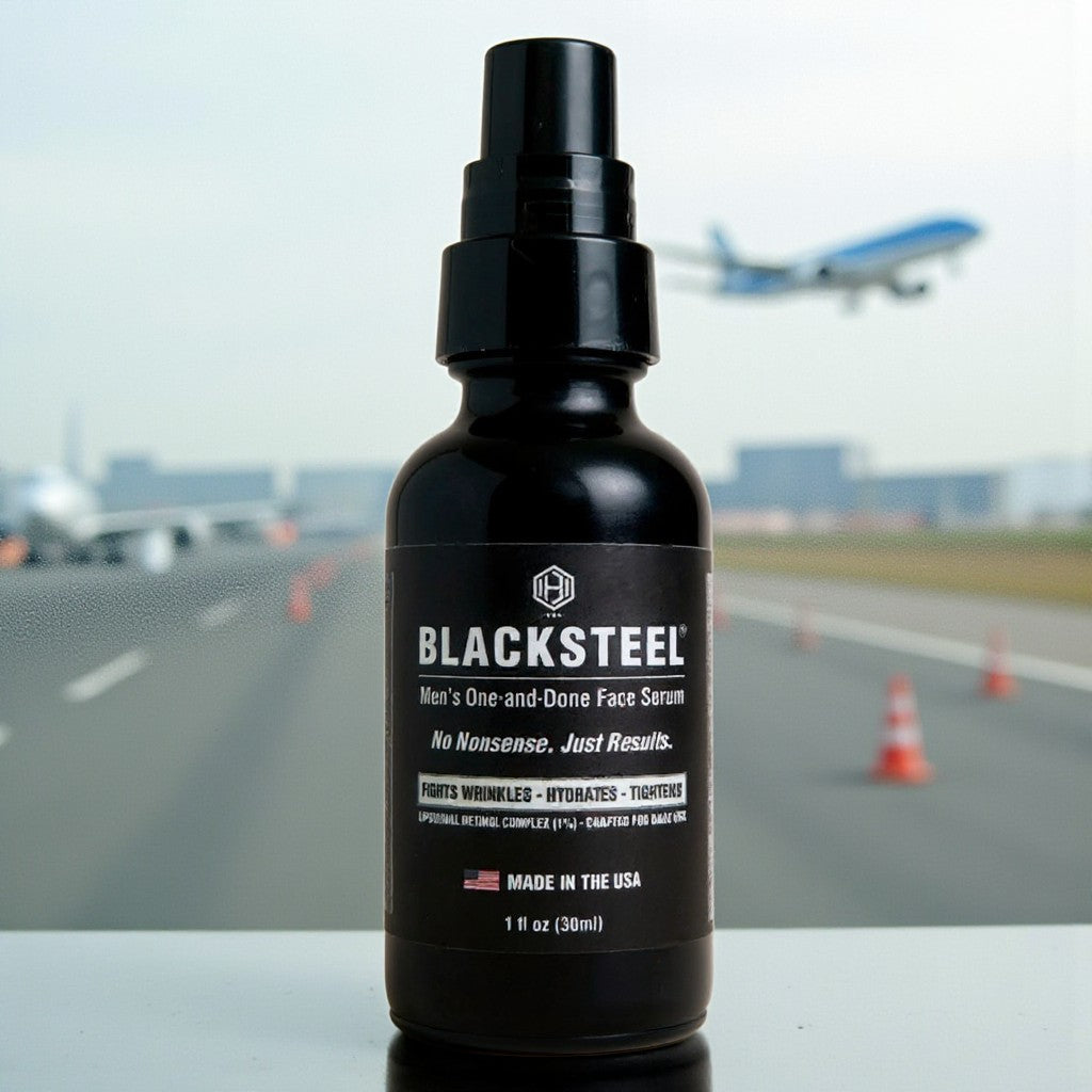 BLACKSTEEL Flight Mode 1 oz. men’s wrinkle serum with airplane background, TSA-approved travel skincare