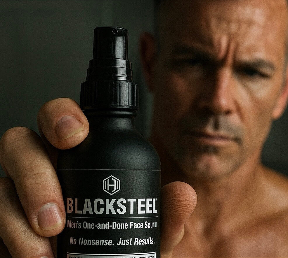 Person holding a Blacksteel serum bottle with a dark background