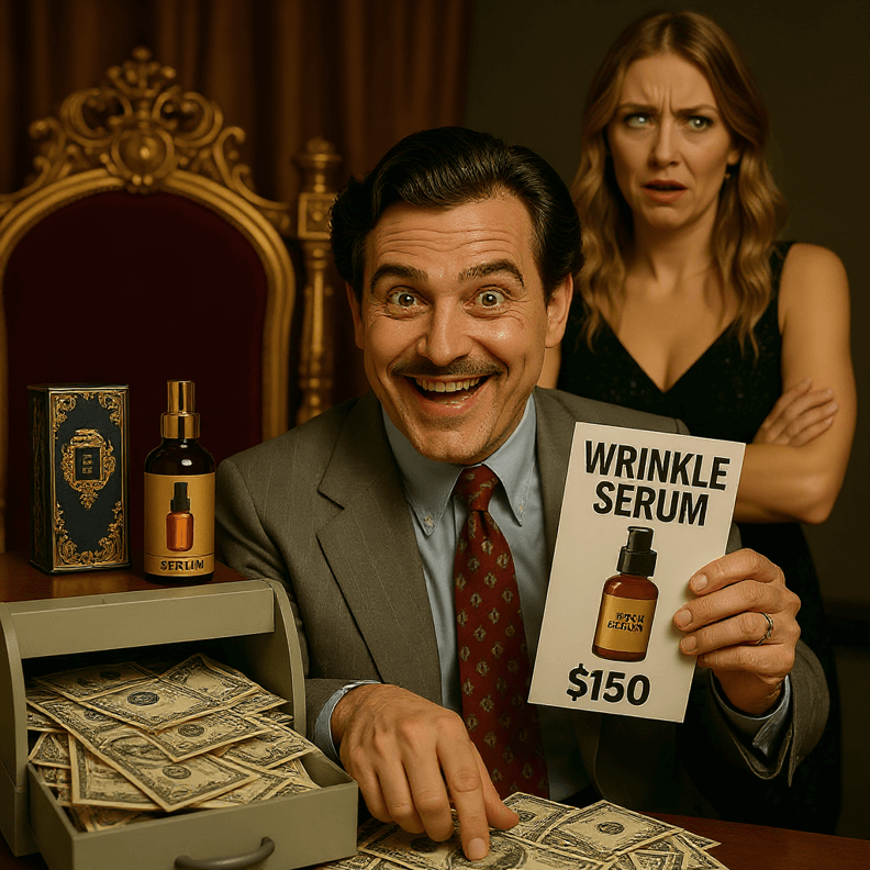 A snarky looking man holding a $150 wrinkle serum sign with a woman rolling her eyes in the background as a funny photo showing how Blacksteel is a better face serum for less money.